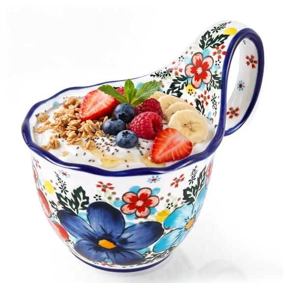 FUYGRCJ 18oz Ceramic Soup Bowl with Loop Handle, Handpainted Mug with Big Handle, Cereal Bowl Great for Fruits, Chili, Stew, Ice Cream