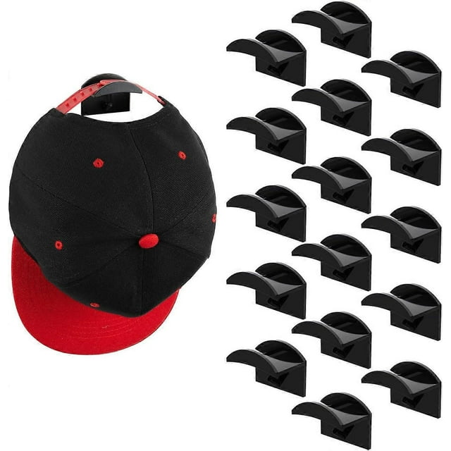 Wall Adhesive Hat Hooks, 16 Hat Racks, No Drill Hat Racks, for Baseball Caps (Black)