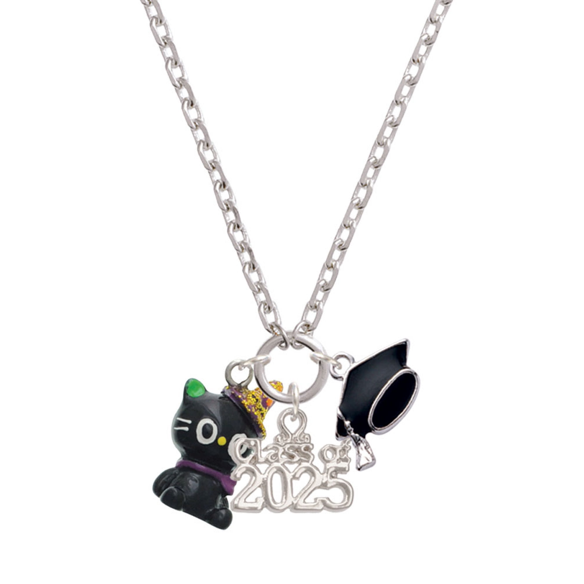 Delight Jewelry Resin Black Kitty Cat with Witch Hat - Silver-tone Class of 2025 Graduation Zoey Necklace, 28"