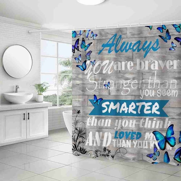 70x70 inch Rustic Gray Wood Blue Butterfly Inspirational Quote Shower Curtain, Waterproof Polyester Fabric with Hooks for Bathroom Decor