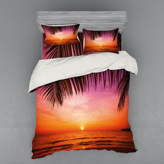 Tropical Duvet Cover Set, Exotic Sunset Above the Sea Scenery from Coconut Palm Tree Leaf Heaven Picture, Bedding Set with Shams and Fitted Sheet, 3 Sizes, by Ambesonne