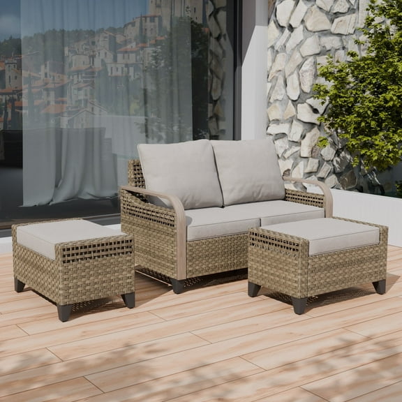 COOS BAY 3 Piece Brown Wicker Patio Sofa Set Outdoor Rattan Furniture Conversation Set, Loveseat, Ottomans with Beige Cushions