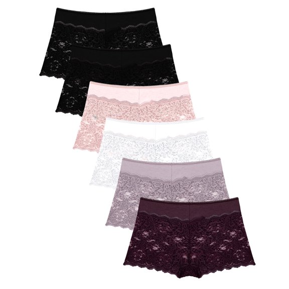 FINETOO Lace Underwear For Women Boy Shorts Cheeky Breathable Panties Invisible Embroidery Floral Briefs S-XL 6 Pack