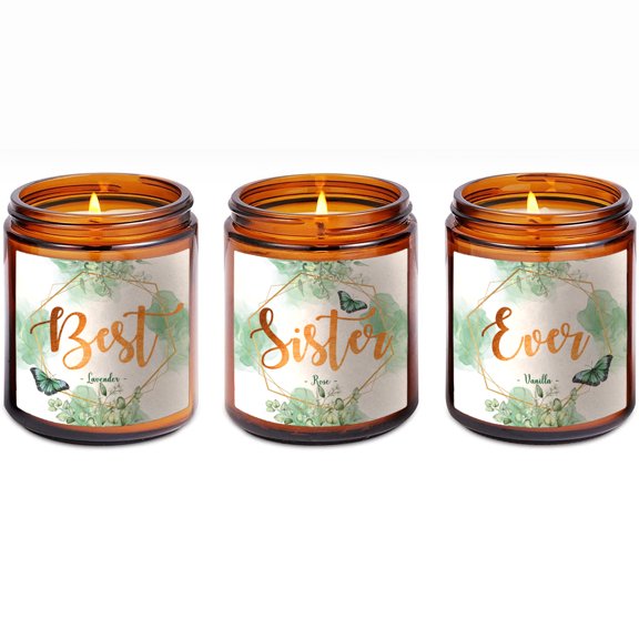 Mother's Day Gifts For Sister - Birthday Gifts For Little Big Sister, Soul Sister, Sister In Law - Best Sister Ever Candle Set of 3|7oz Soy Candle - Gift Boxed Candle Set Lavender, Vanilla, Rose