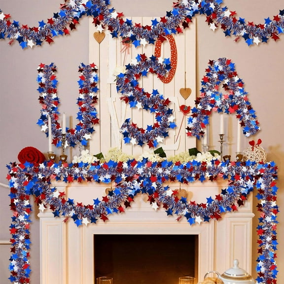 3 Pack 6.56 FT Patriotic Tinsel Garland Red White Blue 4th of July Metallic Twist Foil Tinsel Garland Shiny Hanging Decorations for Independence Day Memorial Day Celebration Party Decorations