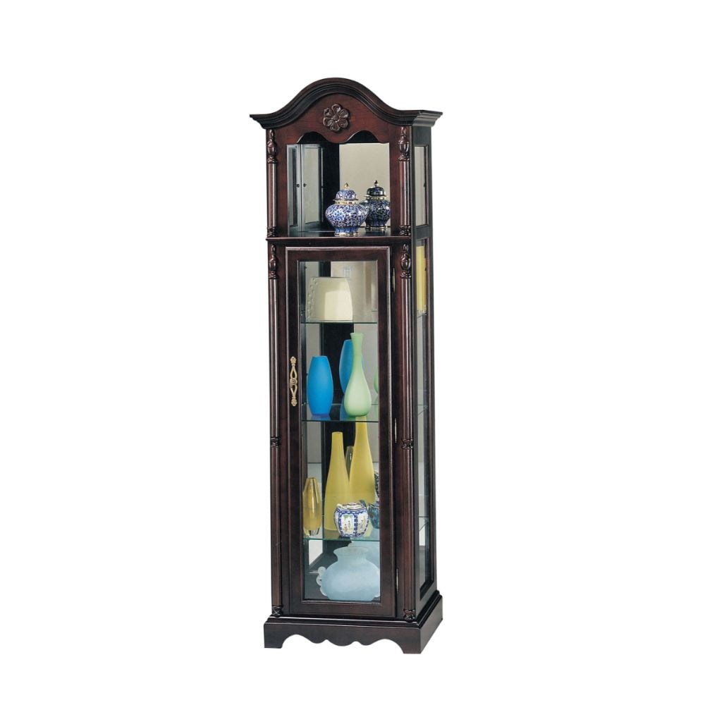 Cherry Lighted Wooden Curio Cabinet with Glass Shelves