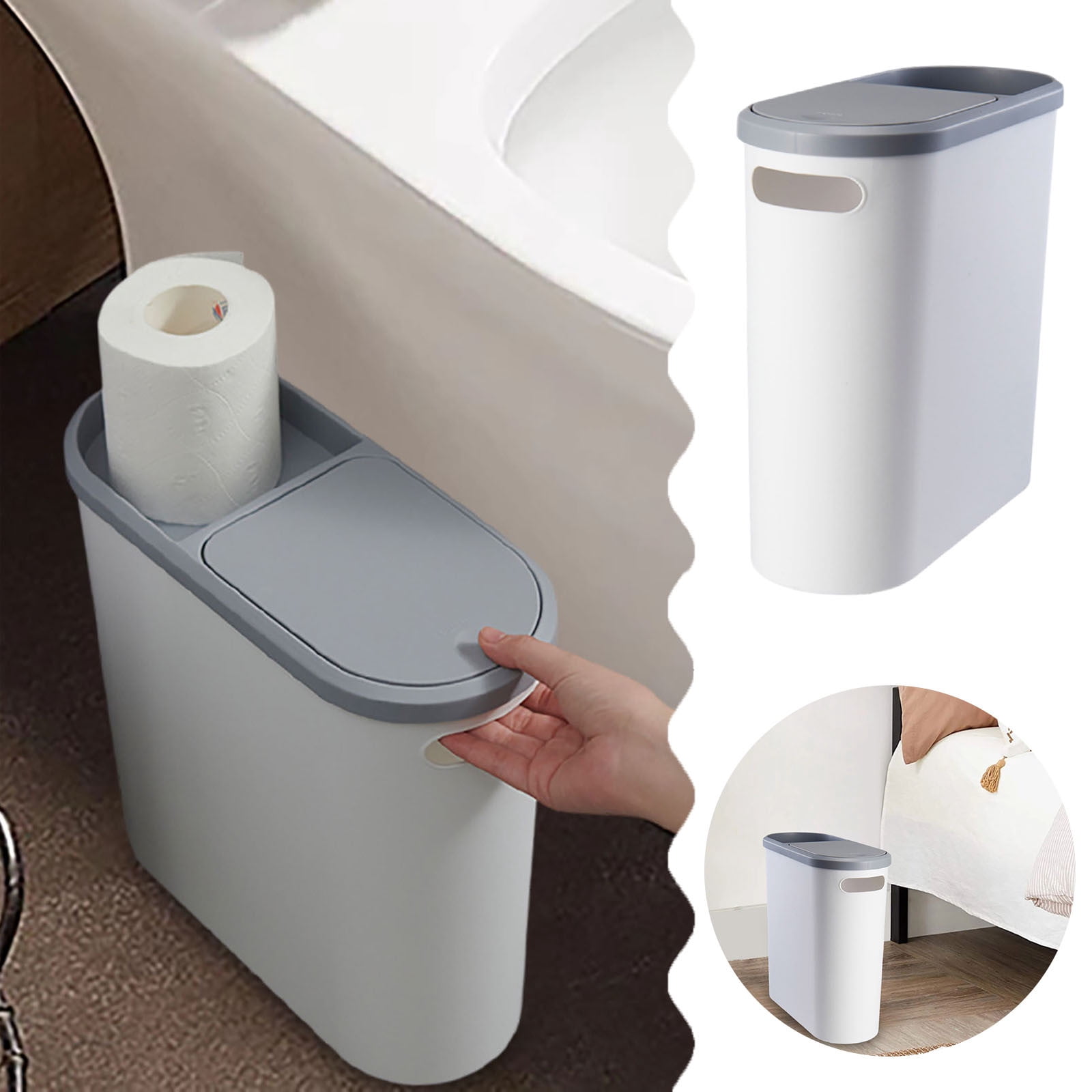 Small Trash Can With Push Top Lid 2.1 Gallon Slim Bathroom Garbage Can With Paper Holder & Handle Hole 2 In 1 Multifunction Trash Bin(White)AA