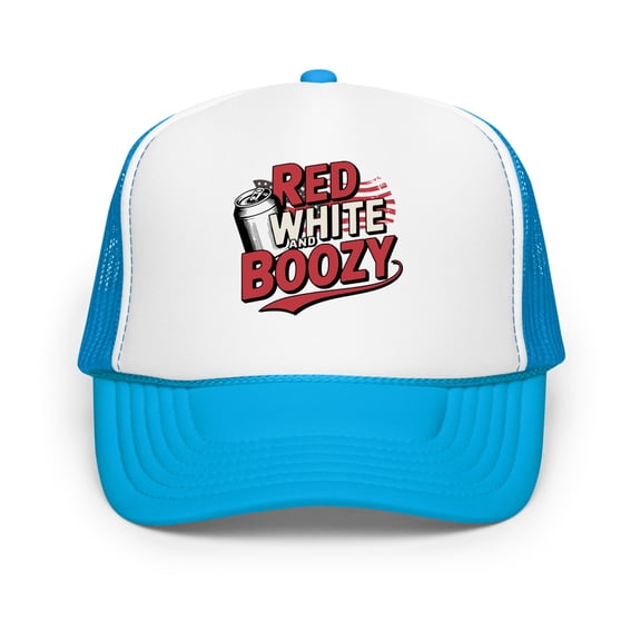 Red White & Boozy Trucker Hat – Funny Patriotic 4th of July Foam Mesh Snapback Cap – Summer Drinking Hat for Men and Women – USA Party Hat (Blue / White / Blue)