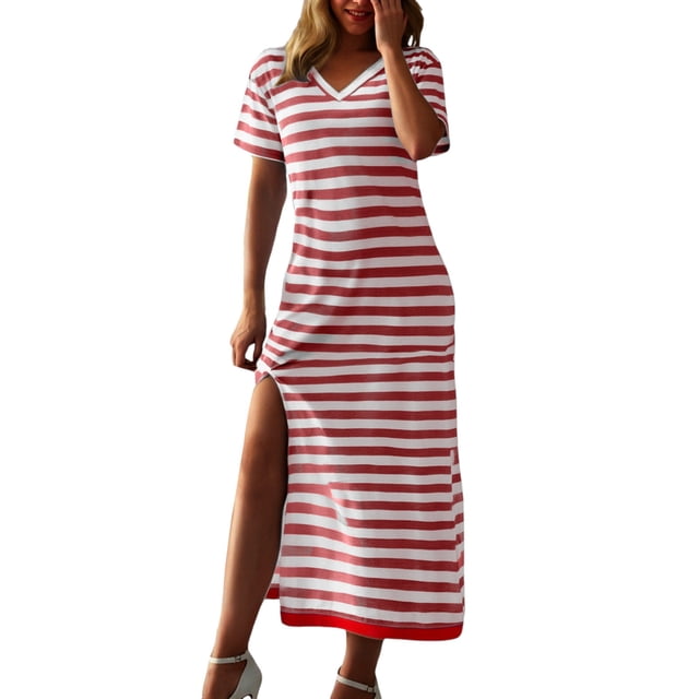 XDZJLR Robes pour Femmes Formelles Mode Manches Courtes Maxi T-Shirt Rayé Longue Jupe Maxi à Blocs de Couleur