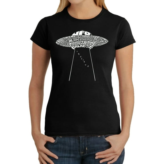 LA Pop Art Women's Word Art T-Shirt - Flying Saucer UFO