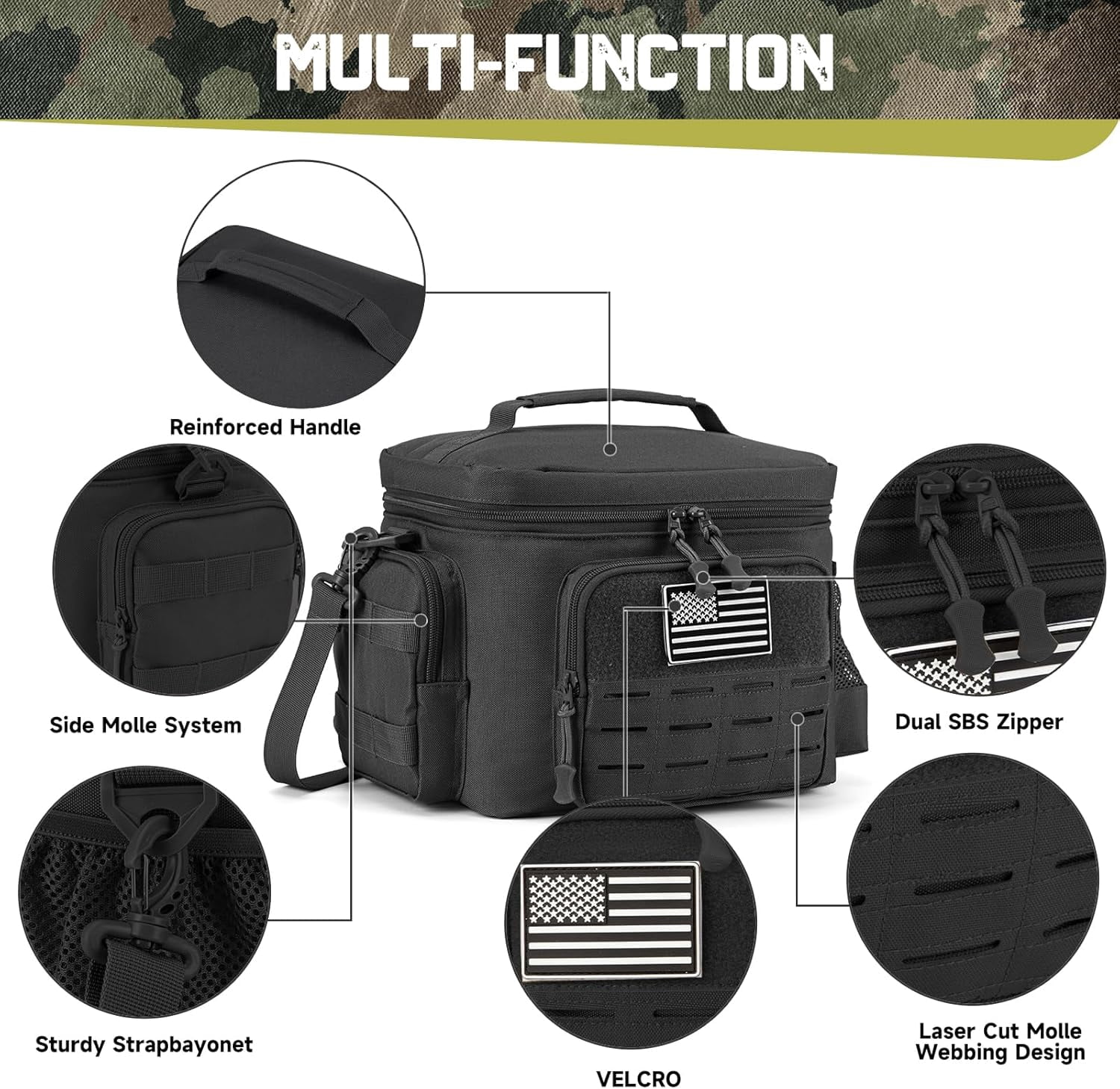 favastee Tactical Lunch Bag for mens Military heavy duty lunch box work Leakproof insulated Durable Thermal Cooler Bag for Adult Meal for Office Camping Picnic Pail MOLLE Webbing