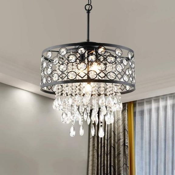 Maxax 5 Lights Crystal Chandelier, Modern Drum Pendant Light, Round Hanging Lighting Fixture, ETL Listed, Adjustable Chain for Living Room, Bedroom, Dining Room, Kitchen Island, Black