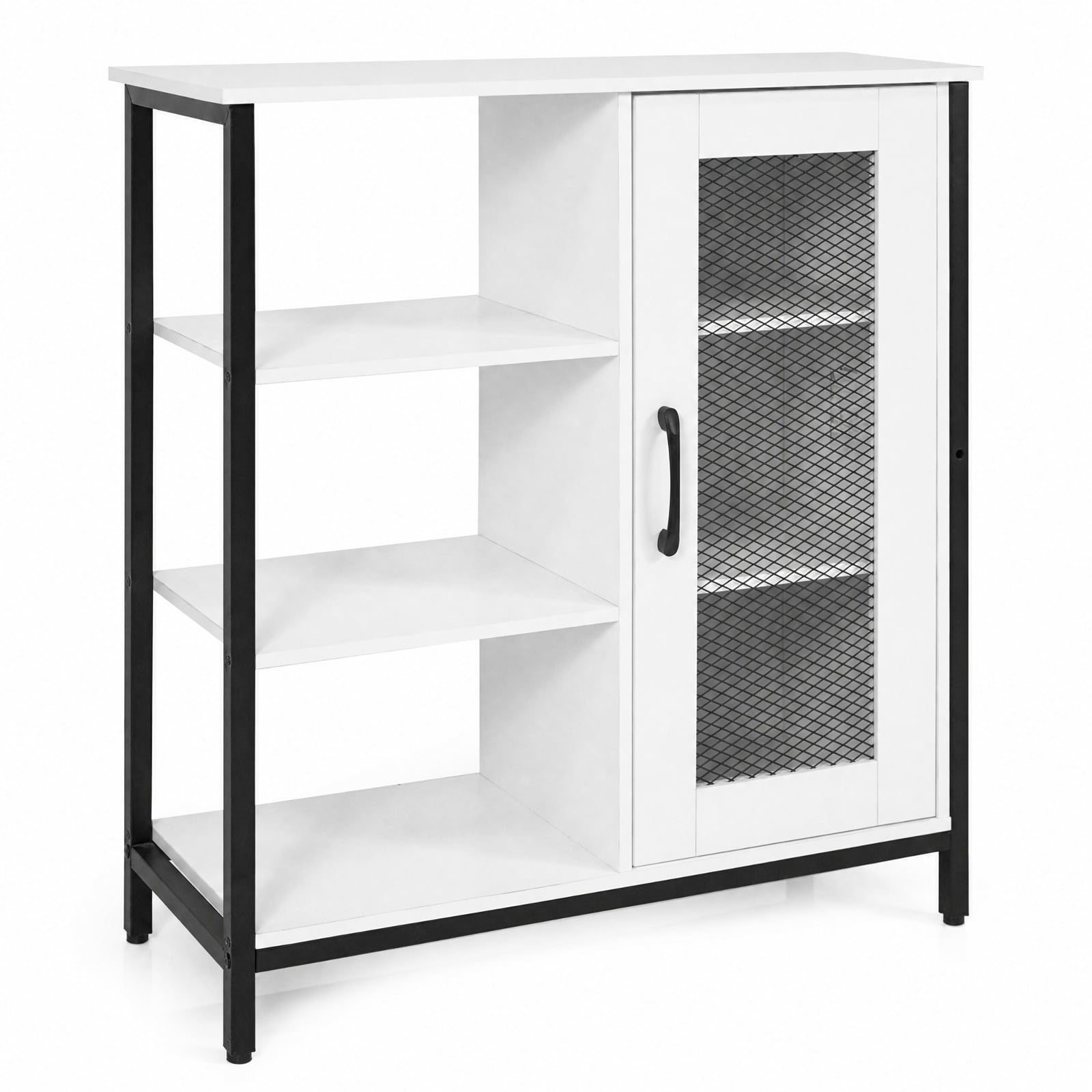 Furnibear Industrial Side Cabinet with Metal Mesh Door and 3 Open Shelves Narrow Buffet Sideboard Storage for Kitchen Dining and Living Room, White