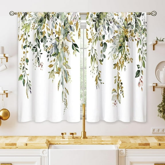 Eucalyptus Botanical Leaves Green Gold Floral Kitchen Window Curtains over Sink Farmhouse Flower Leaf Small Window Treatment Cafe Short Curtains for Bathroom Treatment Tier Drapes 27.5x39 inch