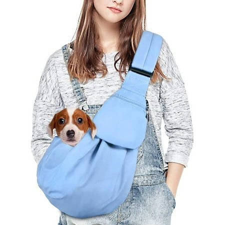 Pet Sling  Hand Free Dog Sling Carrier Adjustable Padded Strap Tote Bag Breathable Cotton Shoulder Bag Front Pocket Safety Belt Carrying Small Dog Cat Puppy Machine Washable (Light Bule  M)