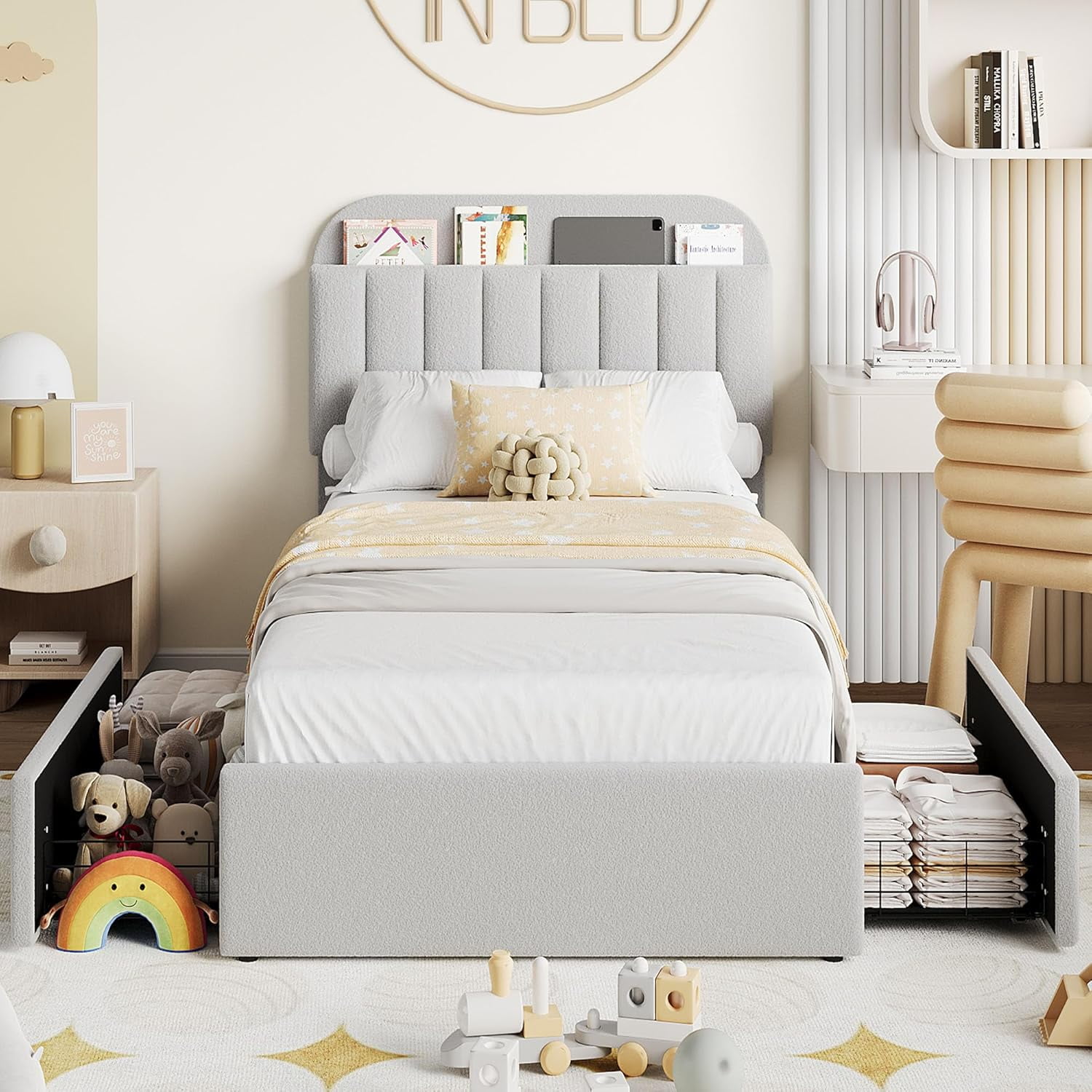 Twin Size Bed Frame with Storage Drawers & Bookcase Headboard, Boucle Platform Bed, Noise-Free, No Box Spring Needed, Grey