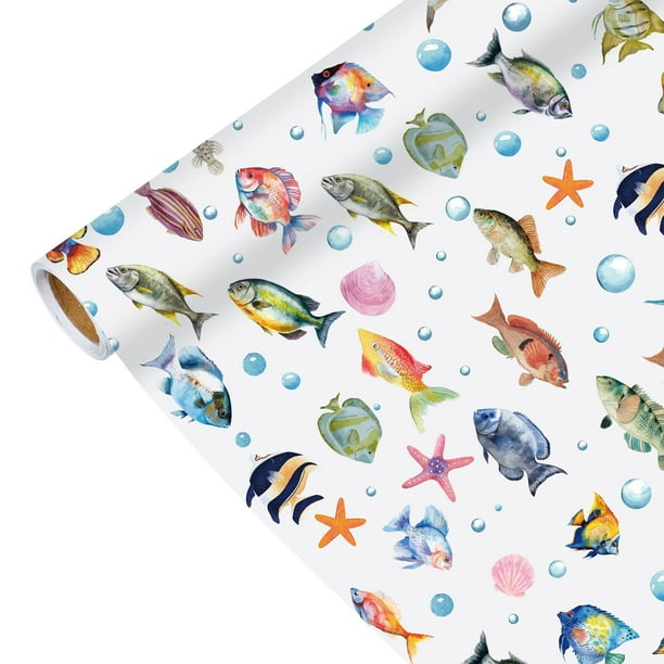 Rollo de papel para envolver peces Pineraap, 43 x 500 cm, tema oceánico