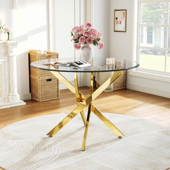36" Round Glass Dining Table with Stainless Steel Legs, Modern Small Kitchen Table with Tempered Glass Top for Dining Room, Apartment, Kitchen