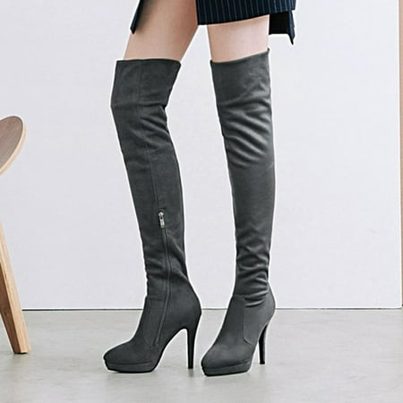 

YOTAMI Women s Shoe Comfortable Suede Warm Side Zipper Over The Knee High Heel High Boots Winter Gray 6.5
