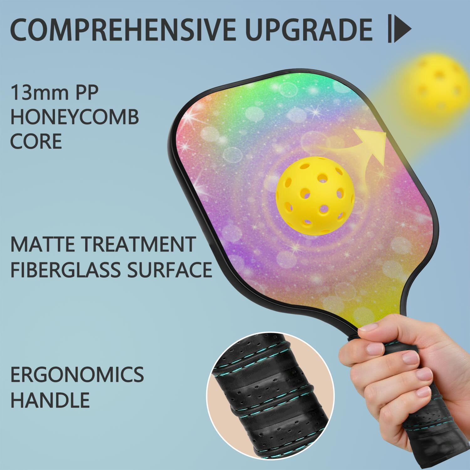Pickleball Paddles Set Of 2, Fiberglass Surface, Vibrant Rainbow Print, 4 Balls & Bag