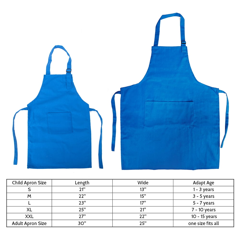 Opromo Colorful Cotton Canvas Kid\'s & Adult\'s Aprons with Pocket, Artist Apron & Chef Apron in Set (Blue, 25"L x 21"W/29"L x 24"W)
