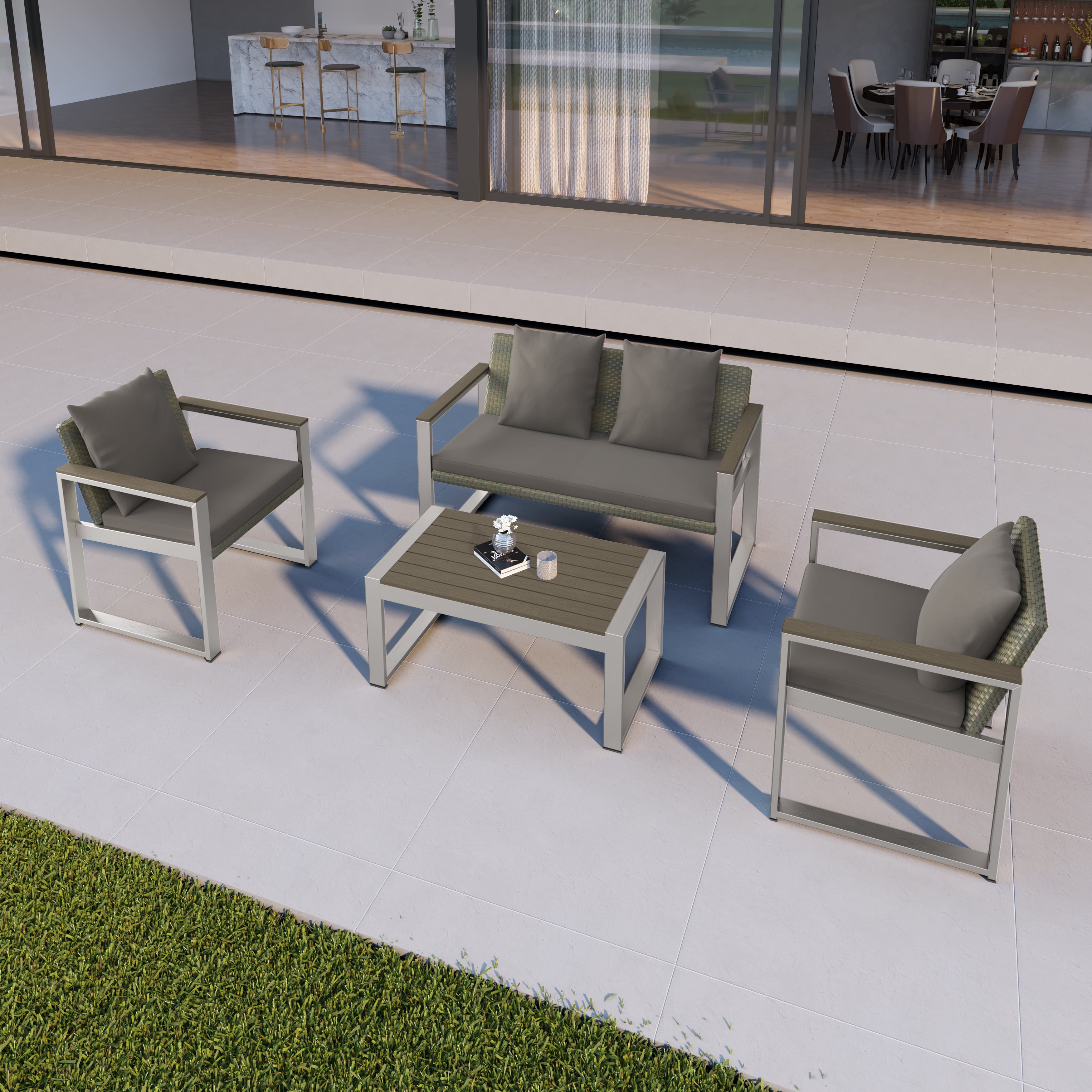 PORKISS Outdoor Patio Furniture Set, Aluminum and Rattan 4 Piece Sofa Seating Group with Cushion and Table, Modern Conversation Set for Garden, Pool, Gray/Silver