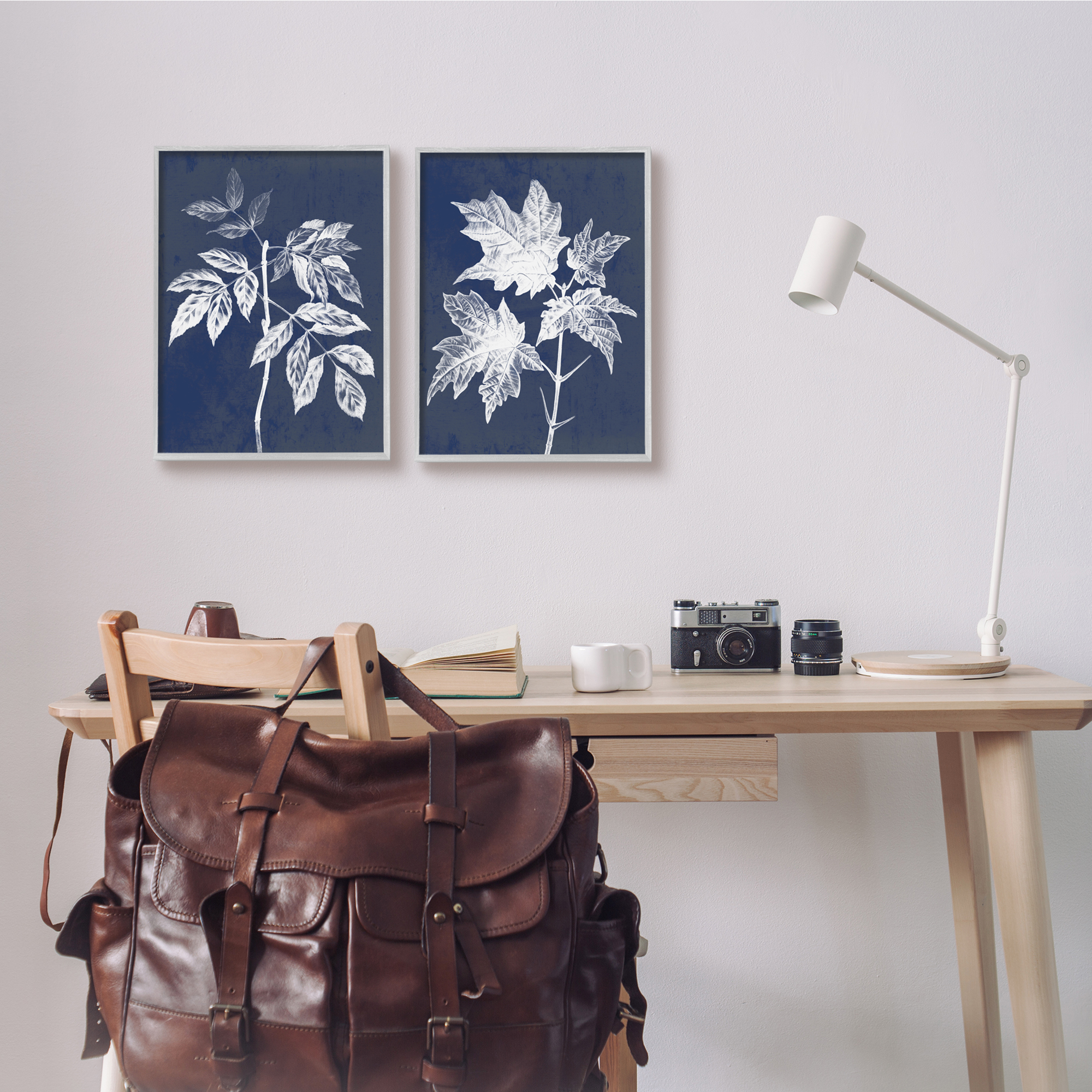 Stupell Industries Maple Leaf Elm Stem Vintage Blue White Illustration Graphic Art Gray Framed Art Print Wall Art Set of 2, 11x14, by Daphne Polselli