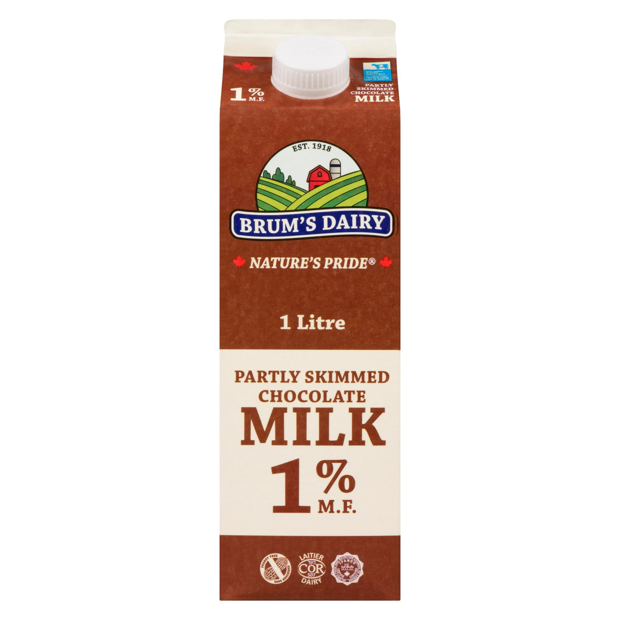 Brum's 1% M.F Chocolate, Partly Skimmed Milk.