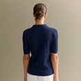 thumbnail image 6 of Women Hollow Knitted -Shirt Casual Short Sleeve Loose Lapel Solid Color Top Blue L, 6 of 7