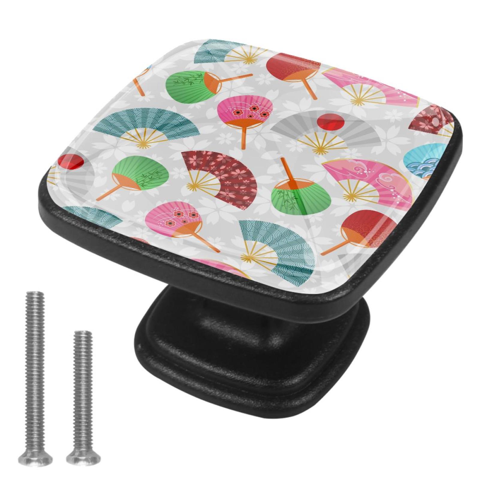 4 Pcs Handle Drawer Pulls Japanese Fans Knobs with Screws