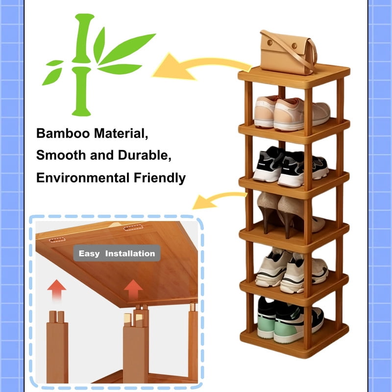 Howcool 6-Tier Stacked Shoe Rack Unit, Bamboo Square Shoes Organizer, Freestanding Storage Shelf