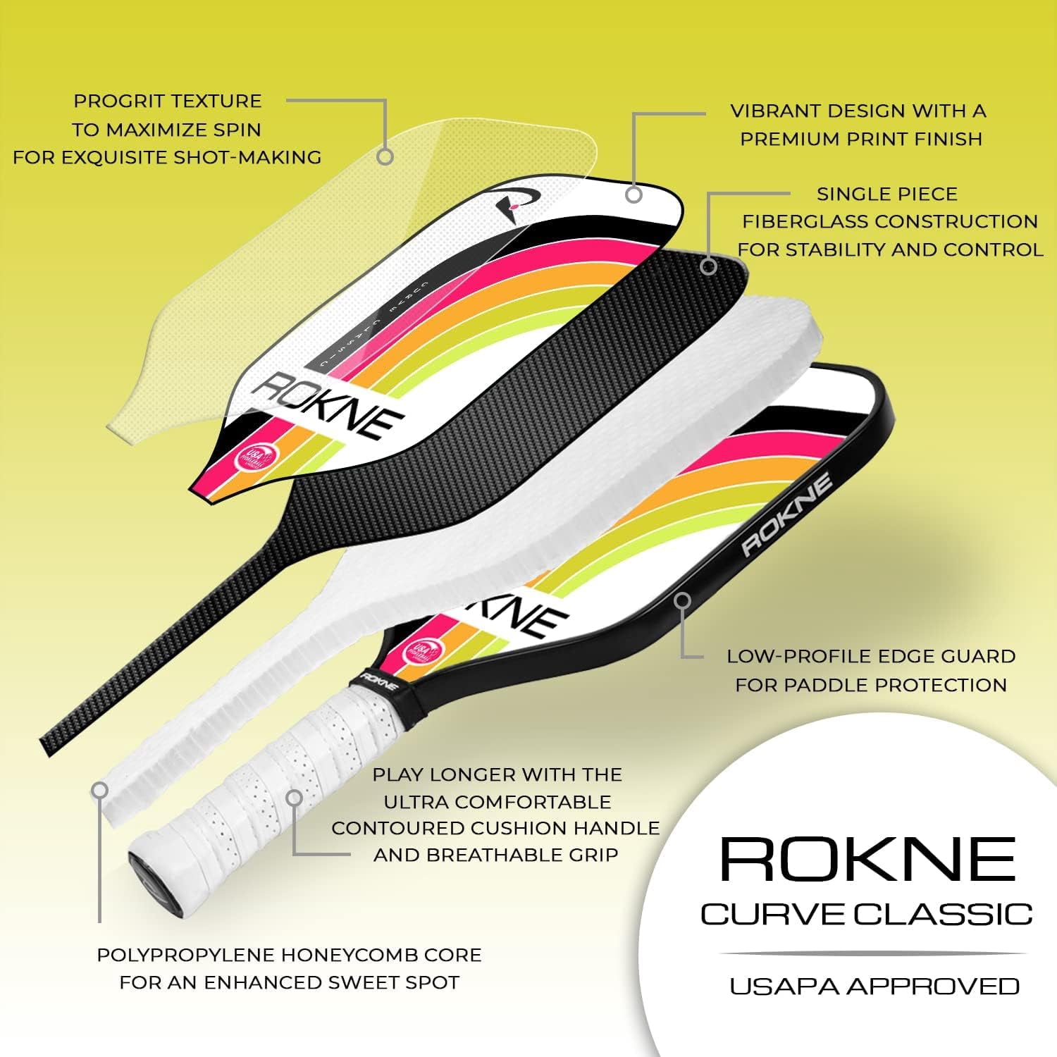 Rokne Curve Classic Fiberglass Pickleball Paddle Long Handle Racket with Pro Grit Texture, Electric Citrus