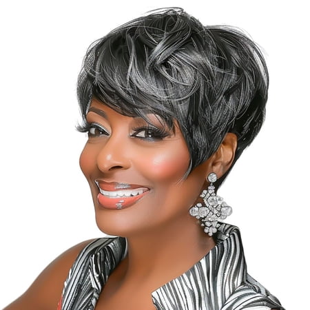 Short Grey Wigs for Black Women Grey Pixie Cut Wig Straight Short Wig | Salt and Pepper Wigs for Black Women Short Side Part Pixie HairCut Wigs with Bangs for Old Women Gray Pixie Wig for Daily Use