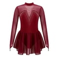 thumbnail image 2 of Aislor Girls Figure Ice Skating Long Sleeve Sparkly Rhinestone Mesh Splice Gymnastics Leotard Dress Dancewear Burgundy 10, 2 of 7