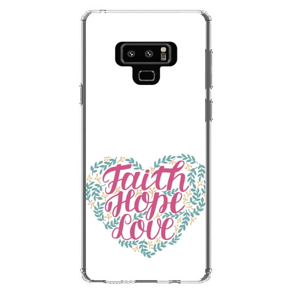 DistinctInk Clear Shockproof Hybrid Case for Samsung Galaxy Note 9 - TPU Bumper, Acrylic Back, Tempered Glass Screen Protector - Faith / Hope / Love - Floral