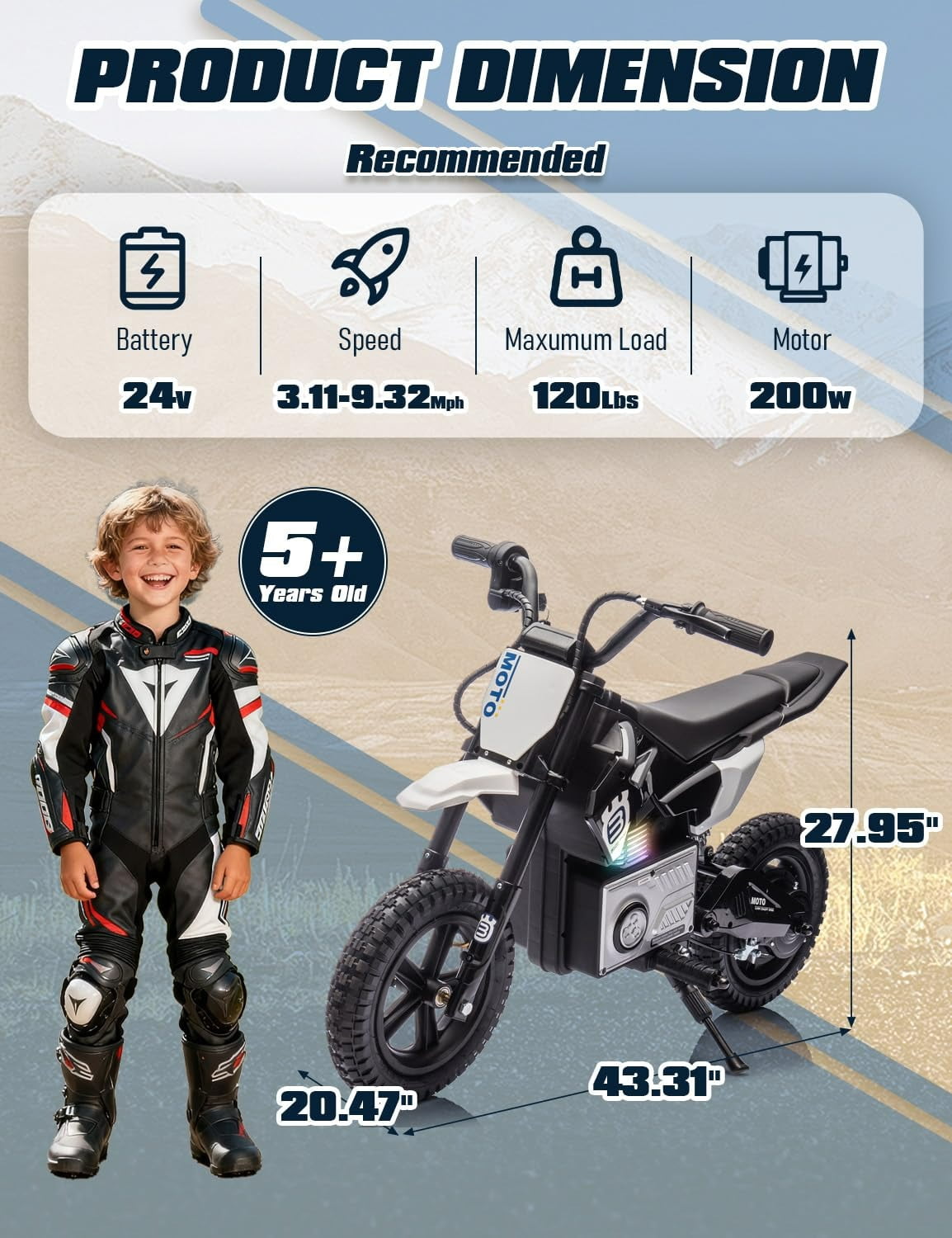 NovaDrive 24V Kids Ride On Electric Motocross Motorcycle with 200W High Speed Hub Motor, Rear Wheel Shock Absorber, Adjustable Speed, LED Lights, Bluetooth Music, Speeds 3.11-9.32 MPH, Ages 5-12