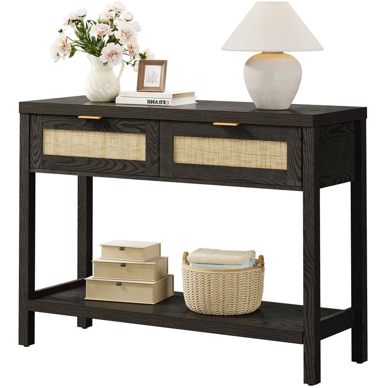 Surmoby Console Table with 2 Rattan Drawers,Boho Wood Entryway Table Hallway Table Sofa Table with Open Storage Shelf for Living Room,Foyer and Corridor,Black Oak