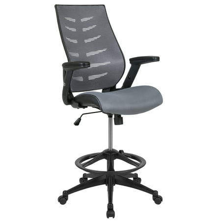 UPC: 0889142669708 | Flash Furniture Kale High Back Dark Gray Mesh Spine-Back Ergonomic Drafting Chair with Adjustable Foot Ring and Adjustable Flip-Up Arms