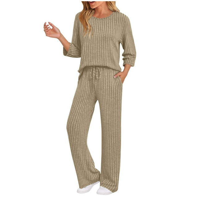 Women 2 Piece Lounge Pajamas Sets Casual Ribbed Knit Long Sleeve Pullover Wide Leg Pants Matching Set Fall Fashion