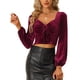 thumbnail image 1 of Top recortados con junta tórica para mujer Blusa de terciopelo de manga larga con cuello en forma de corazón Vino rojo S, 1 of 5