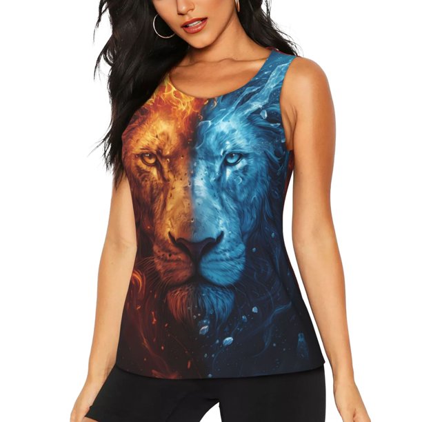 Balery Red And Blue Fire Lion Camiseta sin mangas estampada ligera para mujer, tops de entrenamiento sin mangas, camisetas de yoga transpirables de secado rápido.-Small