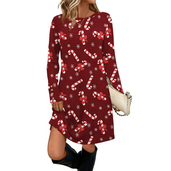 Women's Fashion Casual Dress with Pockets, Decorative Buttons, Christmas Prints, Round Neck and Long Sleeves for Practical Holiday Wear,Wine,L