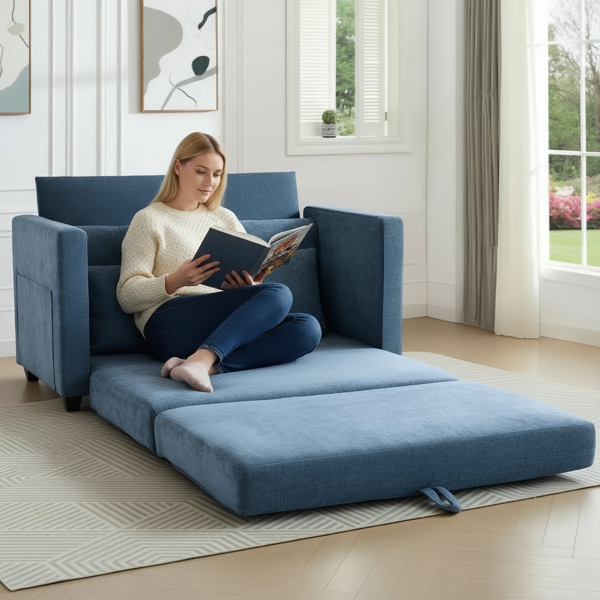 GAOHAPY 52" Loveseat Sleeper Sofa Bed,2 in 1 Convertible Floor Sofa Bed for Small Spaces,Pull Out Couch with Deep Seat,2 Pillows and Solid Frame Floor Couch for Living Room,Apartment