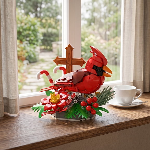 Northern Cardinal Bird Building Blocks, Lego Compatible, 483 Pcs, MOC Assembly Model, Desktop Display Gift for Adults & Hobby Collectors