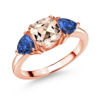 Gem Stone King 18K Rose Gold Plated Silver Peach Morganite and Blue Created Sapphire 3 Stone Engagement Ring for Women (2.38 Cttw, Gemstone October Birthstone, Available in Size 5, 6, 7, 8, 9)