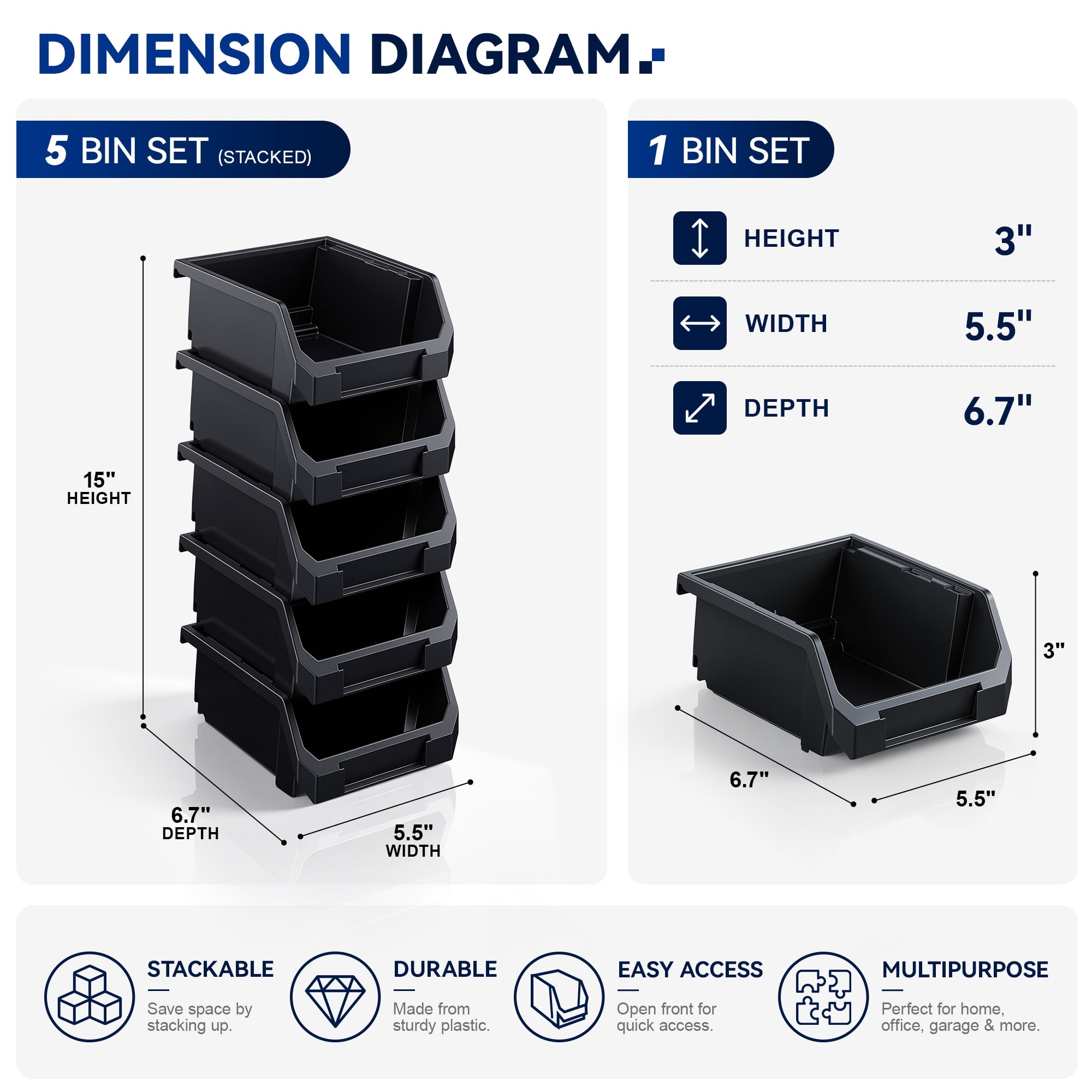 Sorbus Small Open Front Stackable Storage Bins, Closet & Wardrobe Organizer, Black, 5 Pack