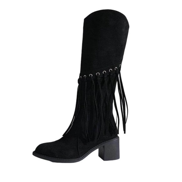 Lovzfmll Cowboy Boots for Women, Fringe Knee High Suede Chunky Block Heel, Pointed Toe Cowgirl Chelsea Boots Fall Black Boots