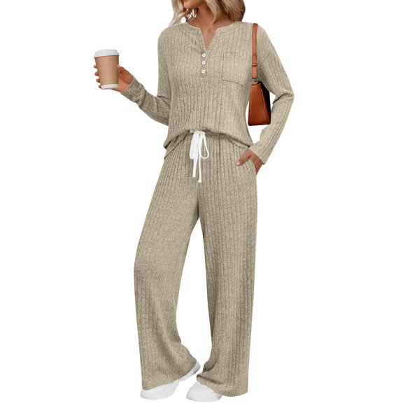 LEWKW Womens Ribbed Lounge Sets Long Sleeve Henley Button Top And Wide Leg Pants 2 Piece Outfits Soft Waffle-Knit Comfy Pajama Sets Sleepwear