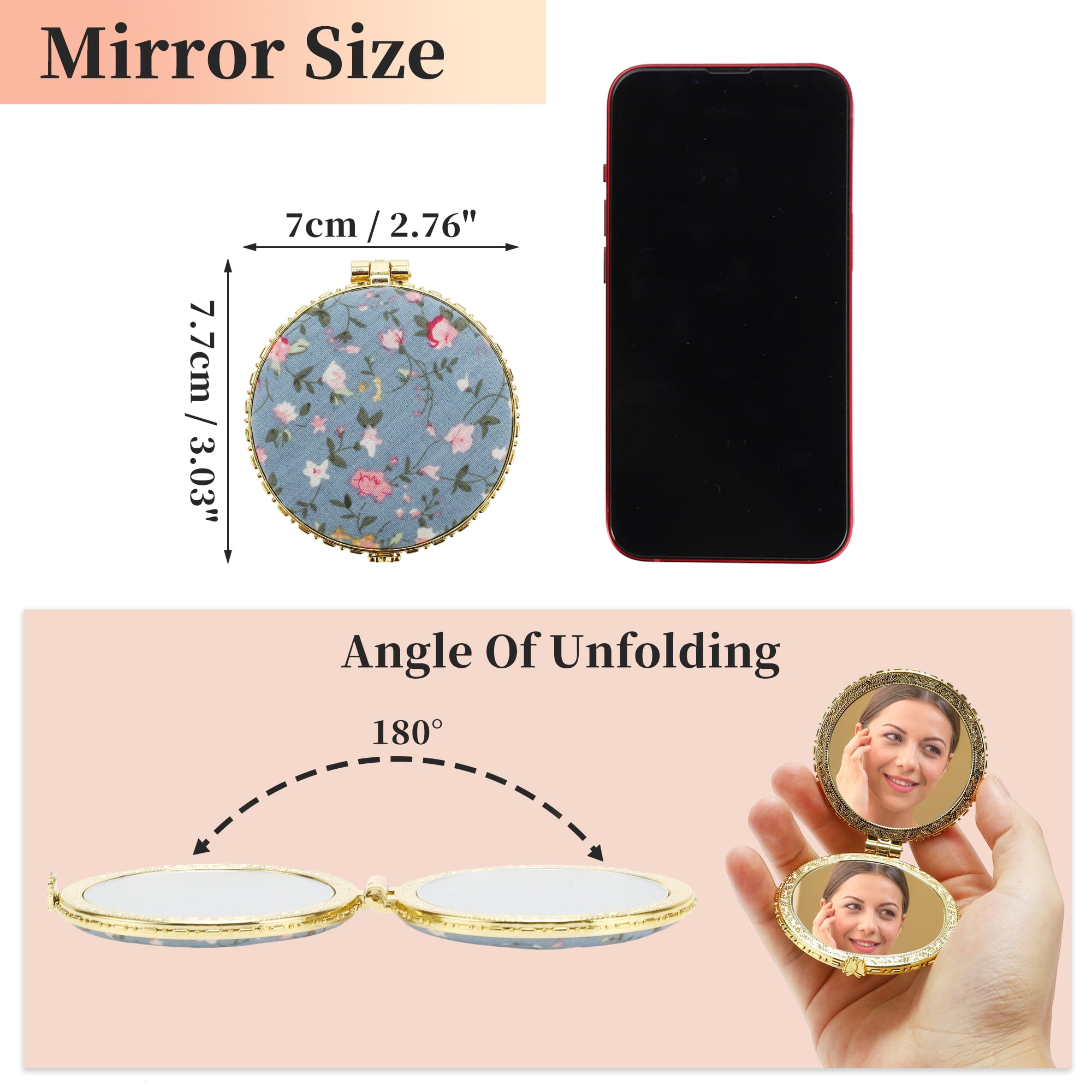 Unique Bargains Round Mini Floral Mirror for Women Purses Pocket Blue
