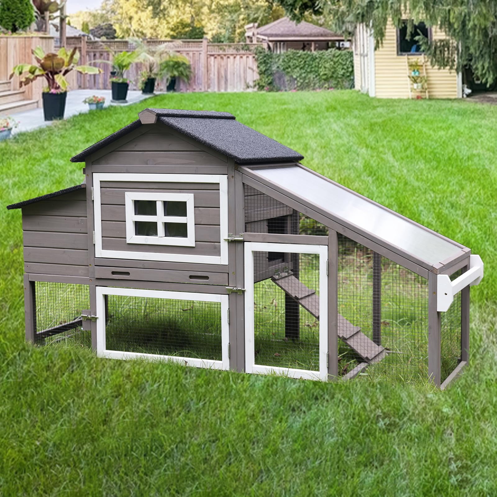 BUTINGLALE Outdoor Mobile Chicken Coop with Wheels Hen House with Nesting Box Wooden Bunny Cage Large Duck House with Run UV Roof Rabbit Hutch(Brown)